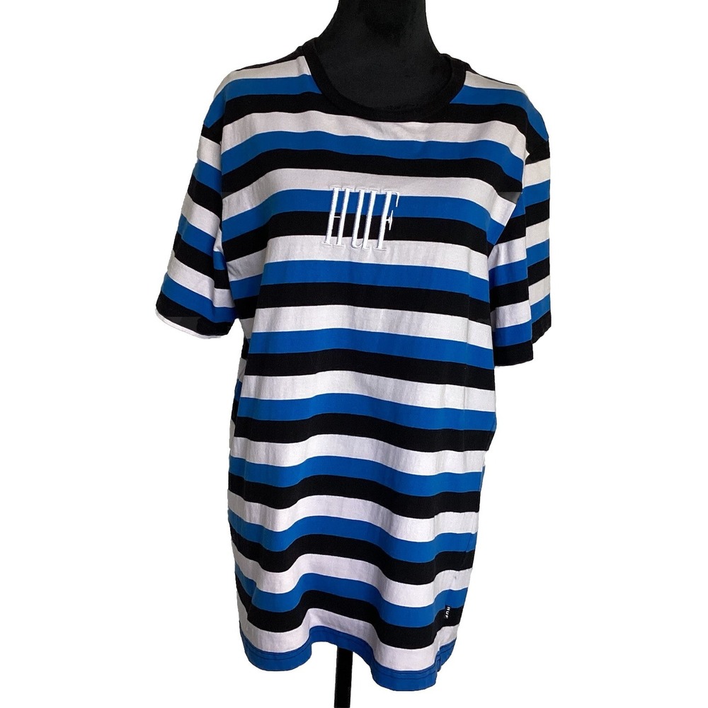 HUF Embroidered Skater Urban Street Wear Stripped Short Sleeve TShirt XL Men Y2K